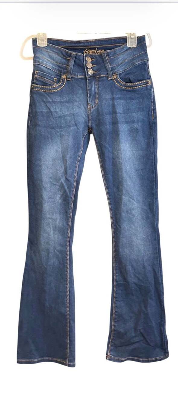 Bamboo Jeans Women's Blue Denim High Rise Triple Button Flare Jeans Size 5/6